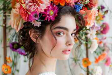Naklejka premium Floral Beauty Portrait, Woman with Flower Crown