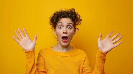 Surprised woman with hands up on yellow background.