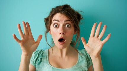 Shocked young woman with hands up against blue background.