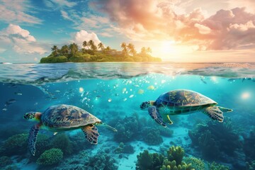 Two majestic sea turtles glide through the ocean near a sunlit tropical island