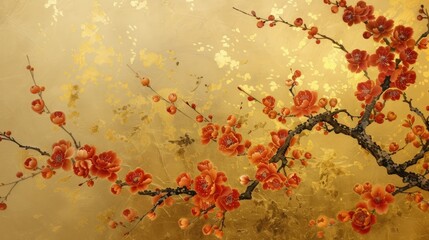 Ancient oriental painting of plum blossoms on a classic gold background