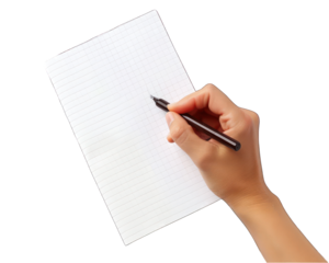 Hand holding a pen writing on paper on transparent background