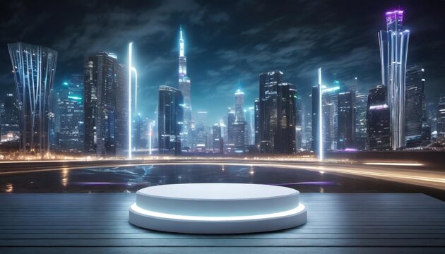 Un podio blanco en una ciudad futurista por la noche
