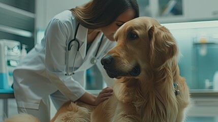 Female veterinarian treating a dog from behind in her practice room - obrazy, fototapety, plakaty