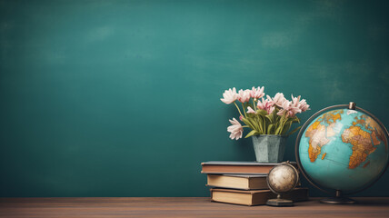 A globe, glasses and flowers on a green background with a chalkboard for education or teacher's day concepts