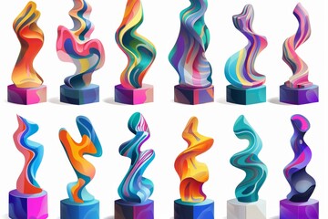 Colorful abstract sculptures set illustration. A vibrant collection of various abstract sculptures, presented with a lively color palette and dynamic shapes capturing attention