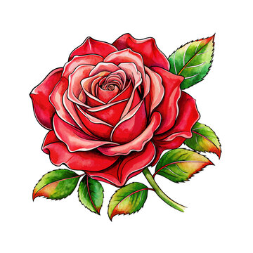 red watercolor rose flower with green leaves on white