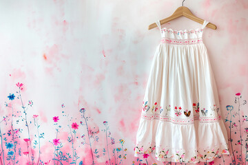 White children's summer dress hanging on a wall