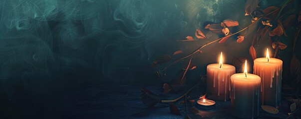 Obraz premium The serenity of softly burning candles on a dark background with ample copy space for your message
