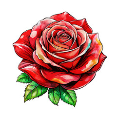 red watercolor rose flower with green leaves on white