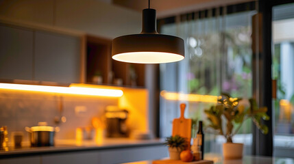 Detail shot of a statement pendant light fixture in a kitchen, modern interior design, scandinavian style hyperrealistic photography