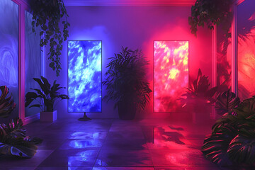 plants in front of blue and red glowing panels