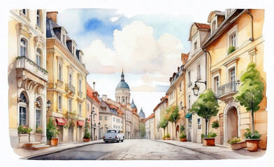 Fototapeta na wymiar watercolor illustration of cosy charming european street