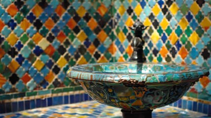 Traditional Moroccan Mosaic Fountain in Vibrant Colors - obrazy, fototapety, plakaty