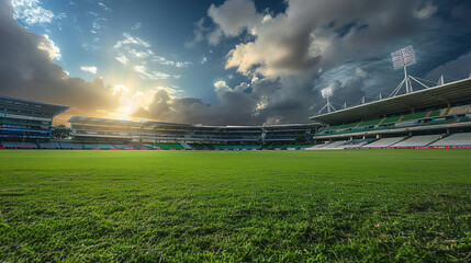Fototapeta premium Cricket Stadium Splendor: A Panoramic Day to Evening Transition