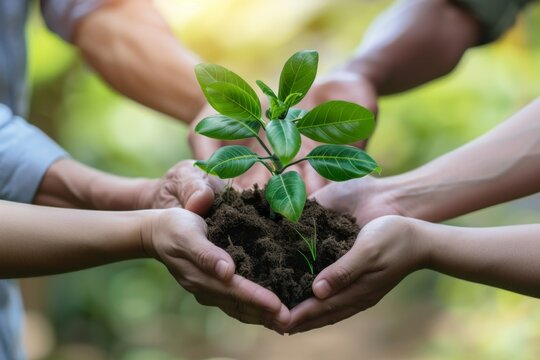 Diverse business team collaboratively holds a young plant in soil, representing teamwork and corporate environmental responsibility