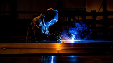 Skilled welder in action with bright blue light and sparks