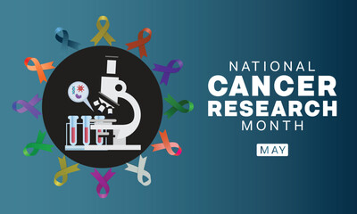 National Cancer Research Month design. It features a microscope and colorful cancer ribbons. Vector illustration 