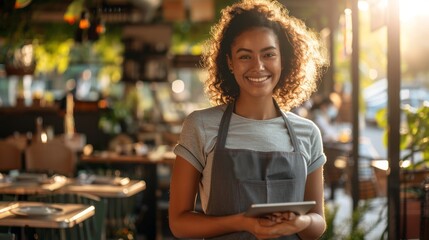 Friendly waitress holding a tablet in a green restaurant environment.