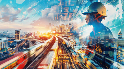 a poster representing a conglomerate active in software development, logistics, railway and real estate. In the manner of a film poster, all these activities should be represented as actors