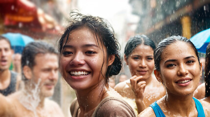 Fototapeta premium Songkran Thailand, New Year celebrations, water festival Thailand, Young adult Thai woman is on domestic vacation travel, fictitious place, side street with locals