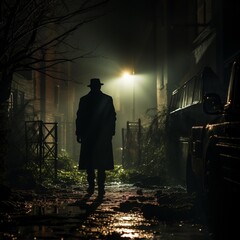 In a dimly lit alleyway a mysterious figure in a trench coat stands under a flickering streetlight The scene is captured in a noir style photography - obrazy, fototapety, plakaty
