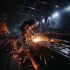 Steel girder being cut, sparks flying, close-up, high contrast, night scene, high detailed - obrazy, fototapety, plakaty