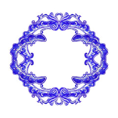 Vector decorative circular pattern blue and white design with frame or border. Baroque Vector mosaic. Traced watercolor. - 783935433