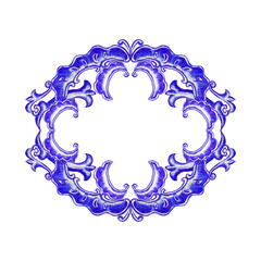 Vector decorative circular pattern blue and white design with frame or border. Baroque Vector mosaic. Traced watercolor. - 783935454