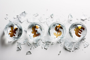 Currency symbols in ice explode against a white background.