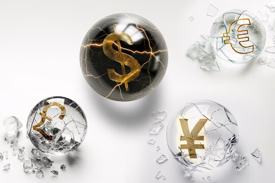 Broken glass orbs with dollar, euro, pound, and yen symbols.