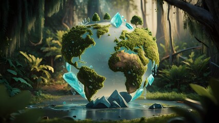 Earth globe made from water and moss  the earth in the forest background, earth day concept, background wallpaper with copy space