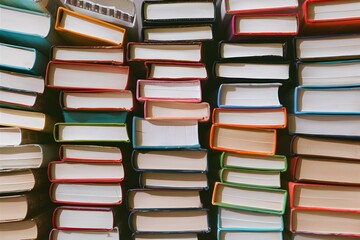 Abundance of books arranged in a tidy stack on table