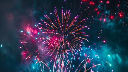Fireworks display with vibrant pink and teal colors