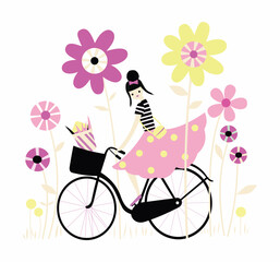 Colorful vector illustration of stylized girl riding a bicycle with flowers around. Drawing with imaginary character in cartoon style.