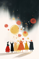 Group of people celebrating with colorful orbs floating under night sky