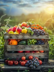 Natural Shot  Genre Organic  Scene Farm fresh vegetables and fruits arranged naturally on a wooden crate  Emotion Pure  Lighting Early morning light  Time Morning  Location Type Farmera  s Market