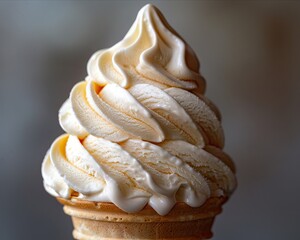 Closeup of a swirl of soft serve ice cream, capturing the texture and creamy consistency as its being twirled into a cone - obrazy, fototapety, plakaty