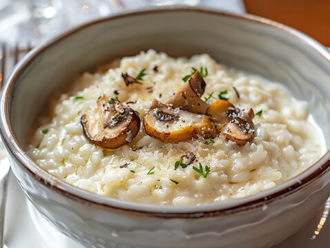 Macro shot of a bowl of creamy risotto with wild mushrooms, truffle oil, and a generous sprinkling of Parmesan, in a fine dining context
