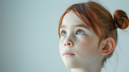 Young red-haired girl with freckles looking up. Close-up portrait with neutral background
