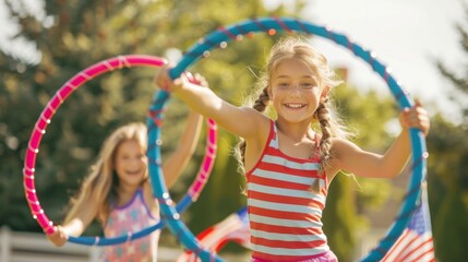 Children playing with hula hoops outdoors. Summer activity and playtime concept.