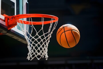 Basketball ball dribbling through hoop, symbolizing competitive success