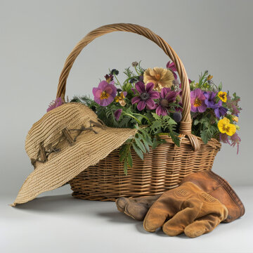 Commercial A well worn gardening hat with a wide brim rests beside a pair of stylish gloves and a basket overflowing with freshly cut flowers arranged for a beautiful centerpiece A