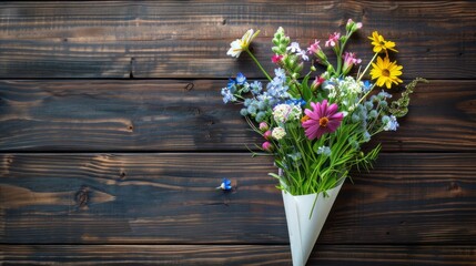 Assorted wildflowers in a white paper cone against a dark wooden background