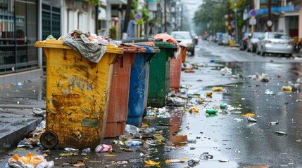 Fototapeta na wymiar Overflowing garbage bins on a dirty urban street after rain. Waste management and environmental issue concept