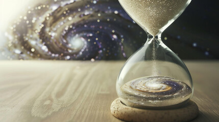 Double exposure of an hourglass with grains of sand forming a galaxy, representing the passage of time and the vastness of the universe