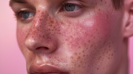 Captivating Close-Up Portrait of a Woman with Freckles and Glitter Makeup