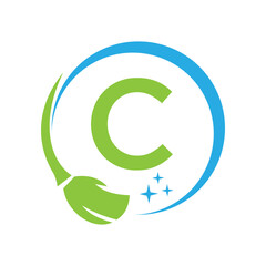 House Clean Logo On Letter C With Clean Brush and Water Symbol. Maid Sign