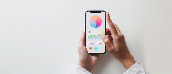 High Quality, Stock Photography style, Bright, natural light illuminates hands holding a smartphone with a vibrant data visualization app Colorful charts and graphs pop 