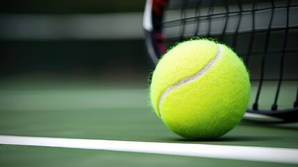 Green tennis ball close-up. Blurred background with a tennis court. - 783939002